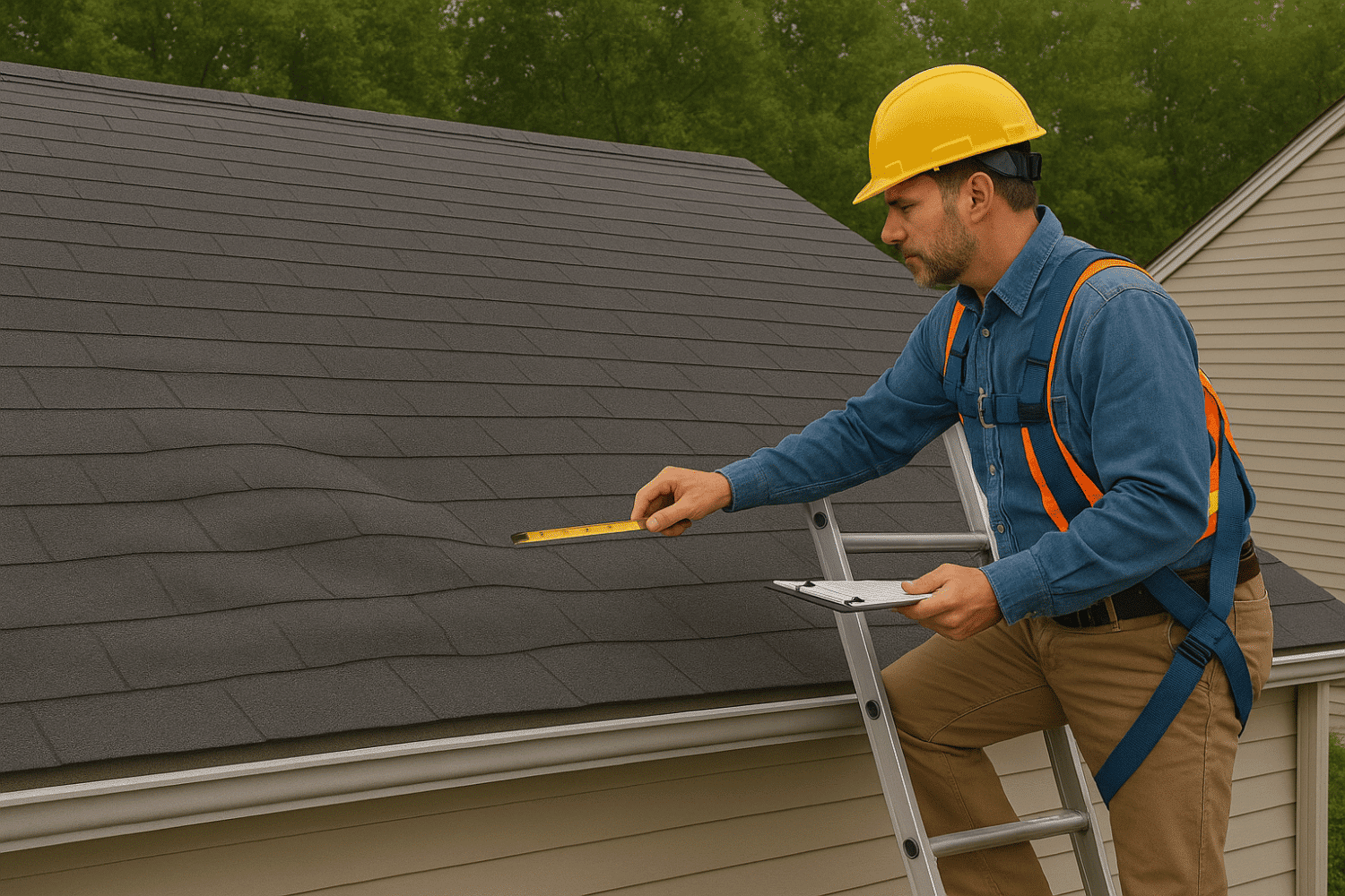 A professional roofing contractor is conducting a thorough roof inspection, equipped with measuring tools and safety gear to assess the condition of the roofing materials. The inspection aims to identify potential issues such as roof soft spots, missing or damaged shingles, and signs of moisture buildup, ensuring the home remains protected from costly repairs and structural damage.