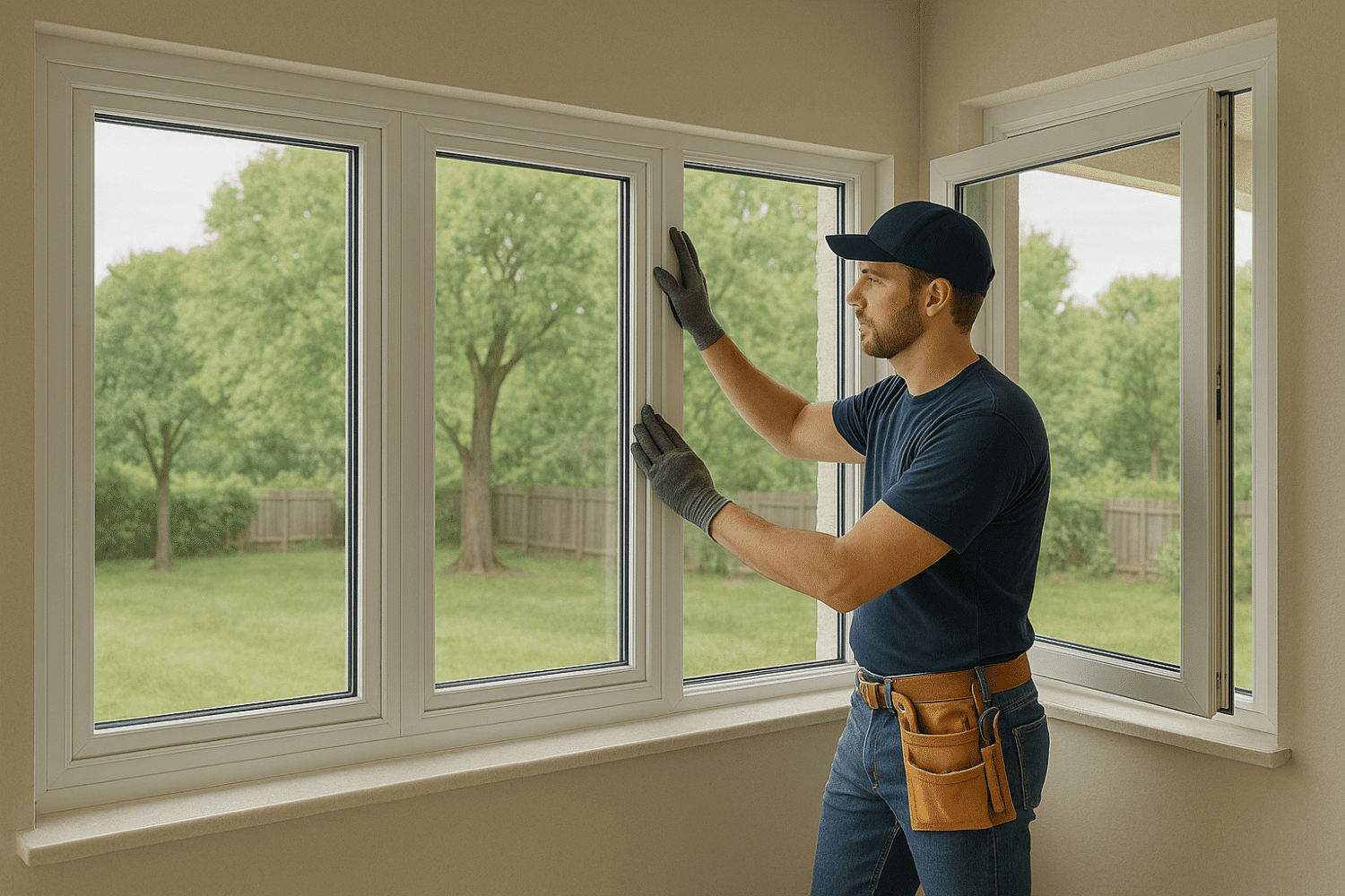 A professional window installer is working on a home, focusing on the installation of energy-efficient sliding and casement windows. The installer is ensuring a perfect fit for each window, aiming to provide maximum ventilation and an unobstructed view for the homeowners.
