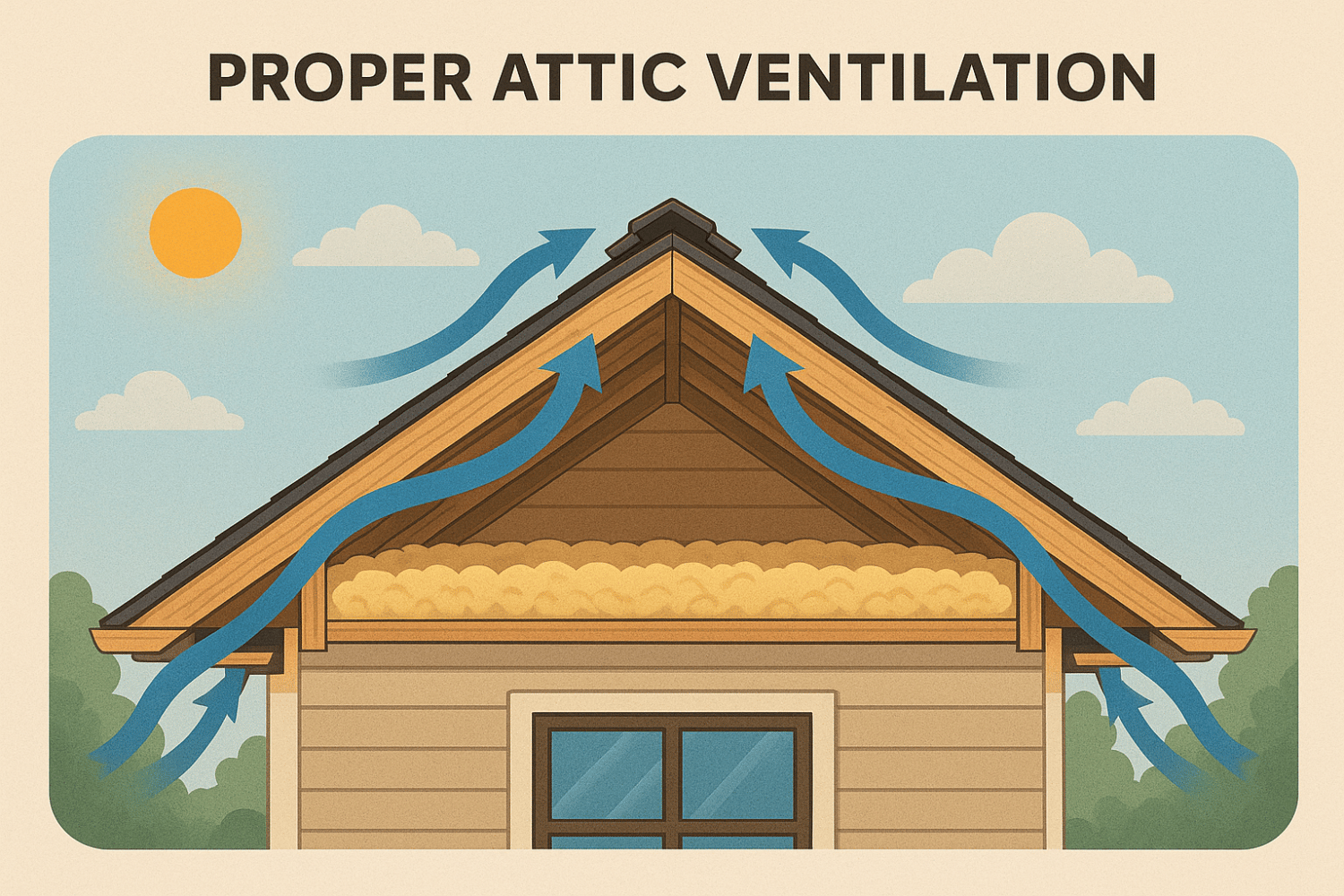 An example of proper attic ventilation, showing airflow and insulation in a roof space.