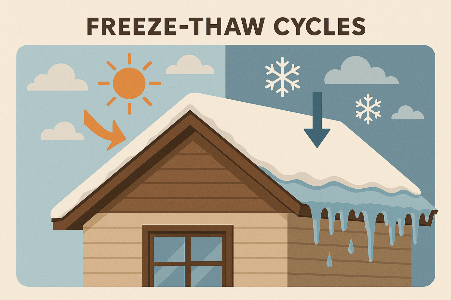 An illustration showing freeze thaw cycles affecting roofs, highlighting melting snow and ice accumulation.
