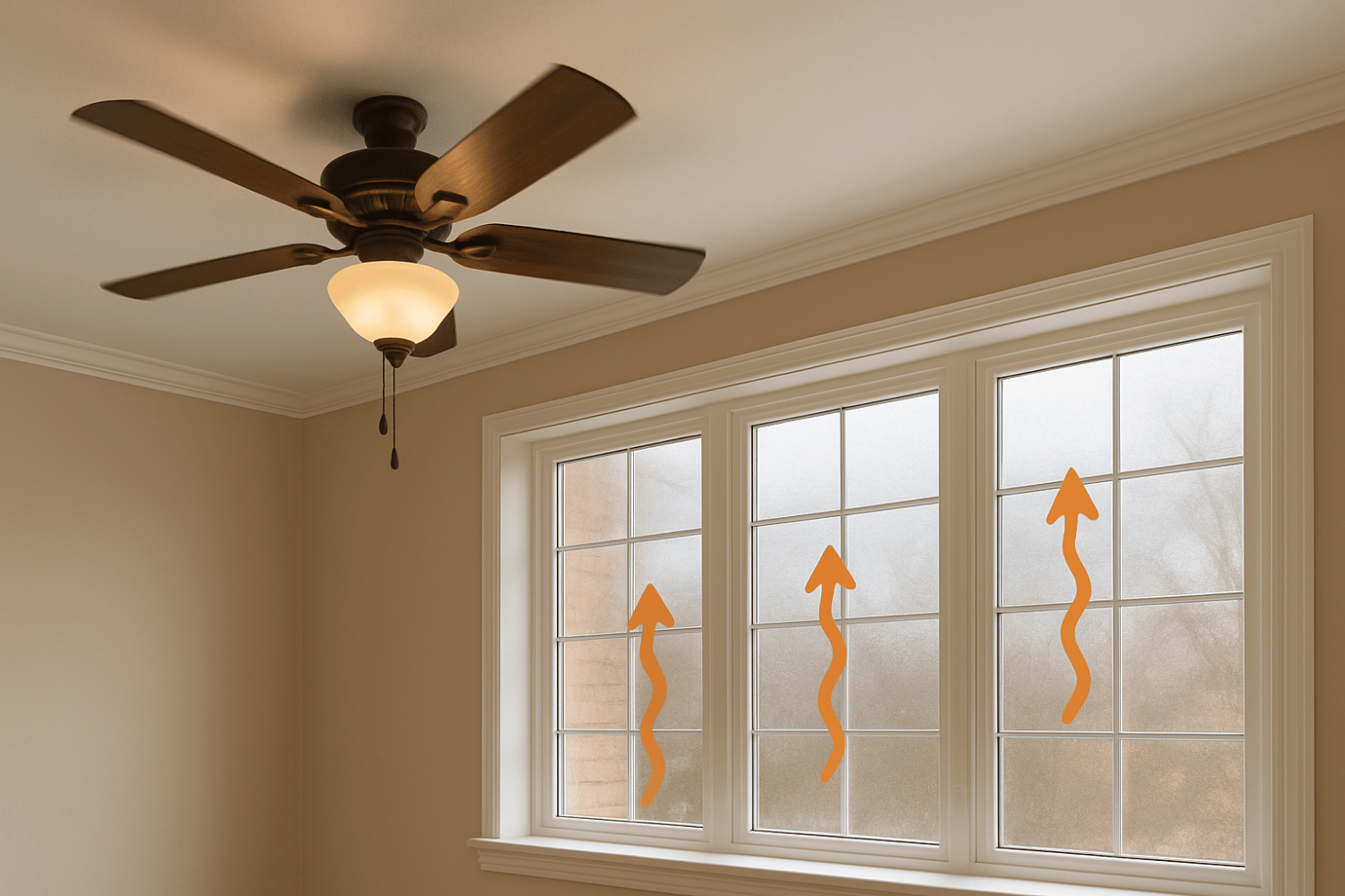 The image depicts a ceiling fan actively promoting air circulation in a well-lit room, with clear window panes reflecting the warm indoor air and cool glass surfaces. This setup helps to prevent condensation on windows by reducing indoor humidity levels and allowing for better air movement.