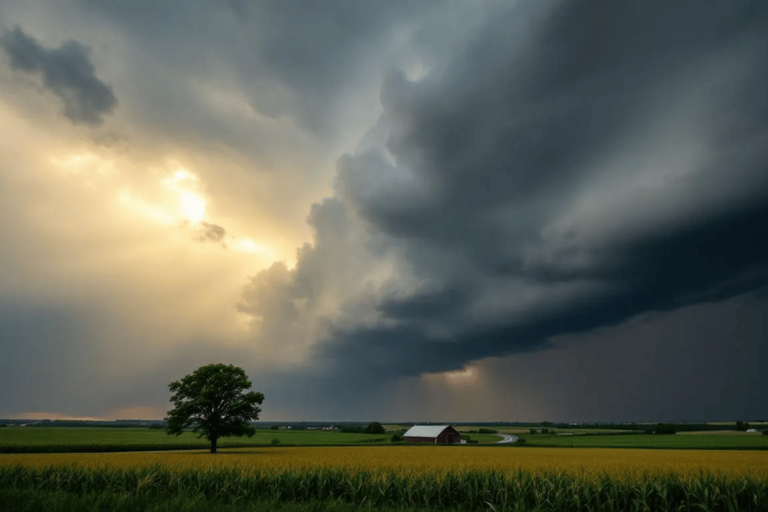 The image depicts a dramatic scene of storm clouds looming over a Missouri landscape, with dark, swirling formations hinting at impending rain. In the foreground, the lush greenery of fields contrasts with the ominous sky, creating a striking visual of nature's power.