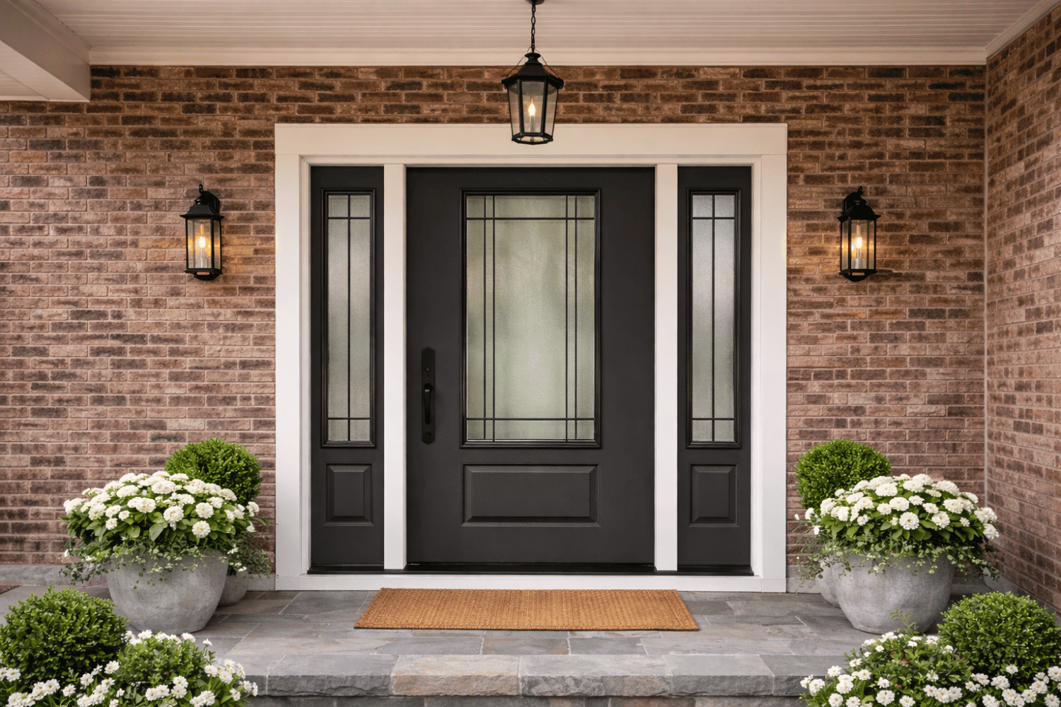 The image depicts a modern front entry door made of fiberglass, flanked by sidelights, set against the exterior of a brick home. This stylish entryway enhances curb appeal while offering energy efficiency, making it a practical choice for homeowners considering fiberglass doors over traditional wooden or steel doors.