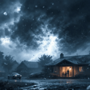 The image depicts a severe hailstorm with large hailstones falling on a residential neighborhood, causing potential hail damage to roofs and properties. Missouri homeowners may need to consider impact resistant shingles and other durable roofing materials to protect their homes from extreme weather events like this.