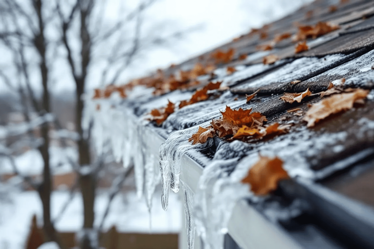 The image depicts clogged gutters filled with standing water and ice, leading to visible roof damage, such as sagging shingles and potential roof soft spots. This situation highlights the need for regular roof inspections and immediate attention to prevent costly repairs and maintain the structural integrity of the roofing system.