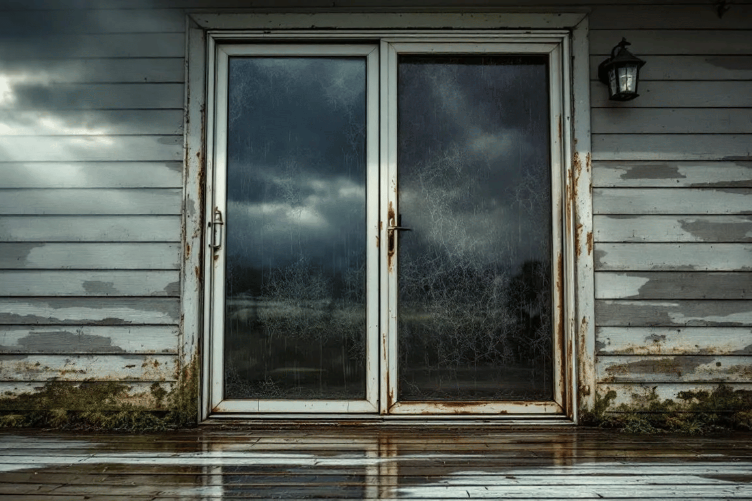 The image depicts the exterior of a Missouri home featuring patio doors that are visibly affected by harsh weather conditions, highlighting issues such as wear and tear on the sliding glass door frames. These patio doors, which may need replacement to enhance energy efficiency and security, are crucial for allowing natural light and easy access to the backyard.