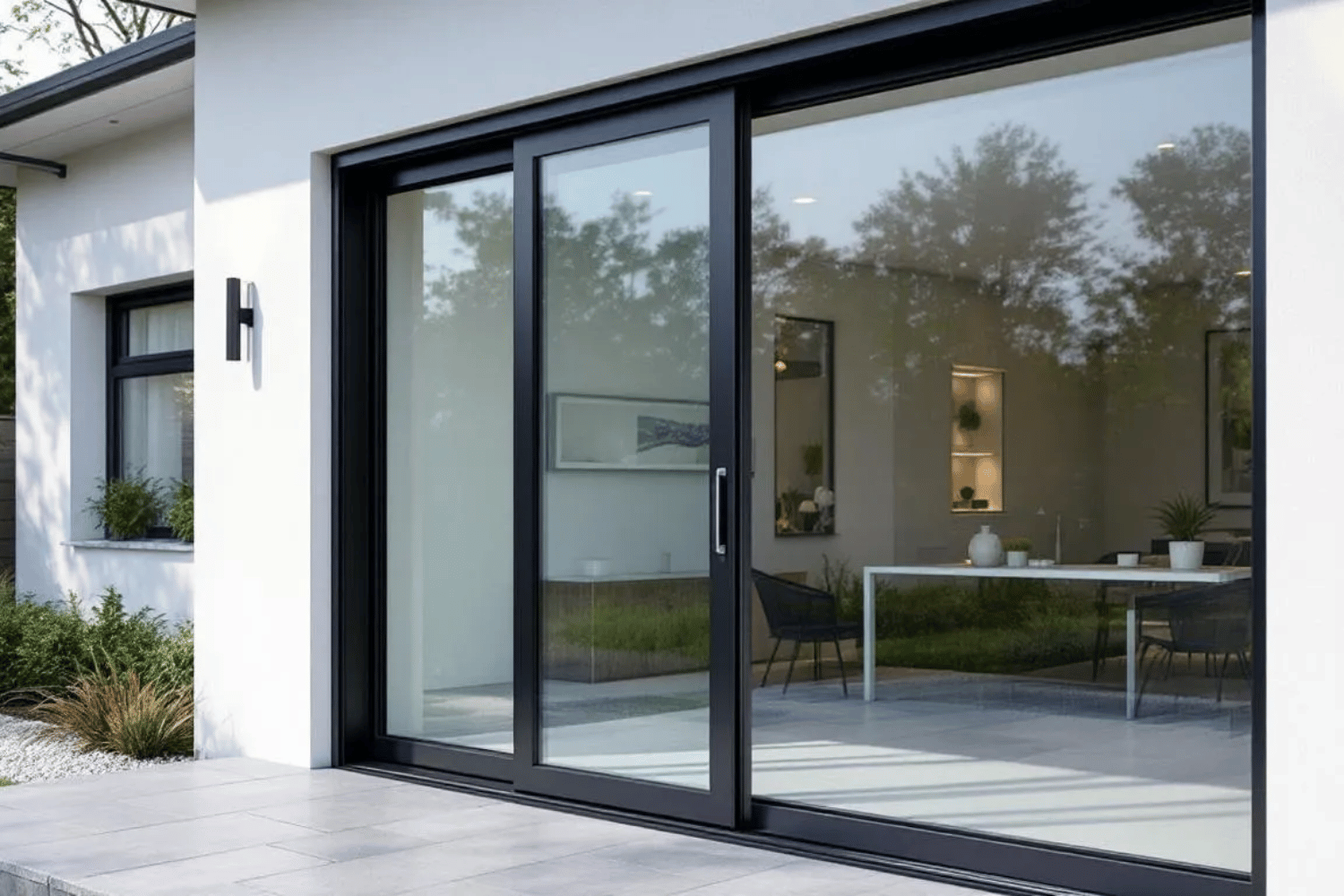 The image depicts the installation of modern energy-efficient sliding glass doors, showcasing their aesthetic appeal and functionality. The new patio doors enhance natural light and provide easy access to the backyard, while also contributing to energy efficiency and security for homeowners.