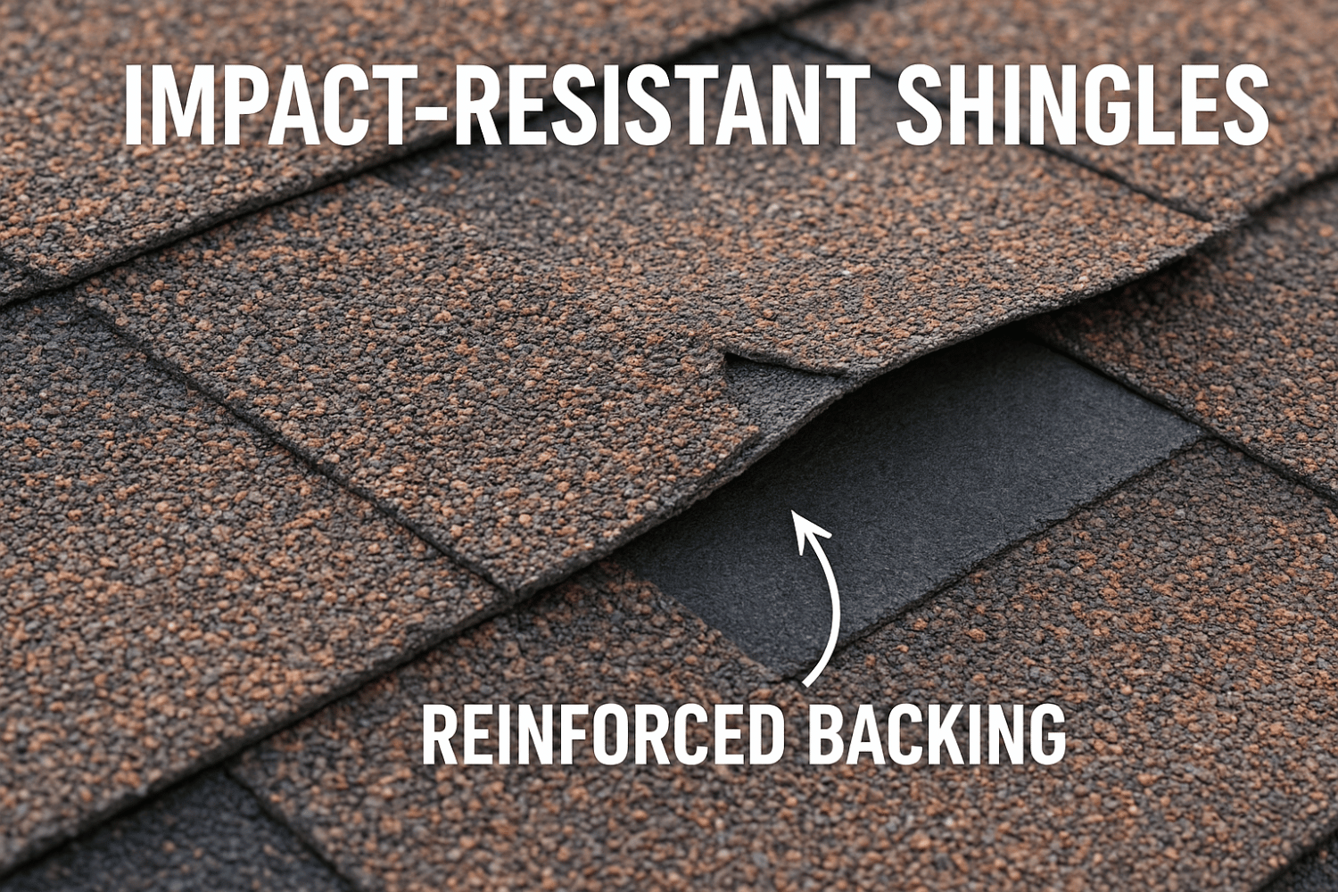 The image shows a close-up view of impact resistant shingles, highlighting the reinforced backing material that enhances their durability against severe weather conditions like hail and high winds. This roofing material is essential for Missouri homeowners looking for long-lasting protection and superior performance in extreme weather.