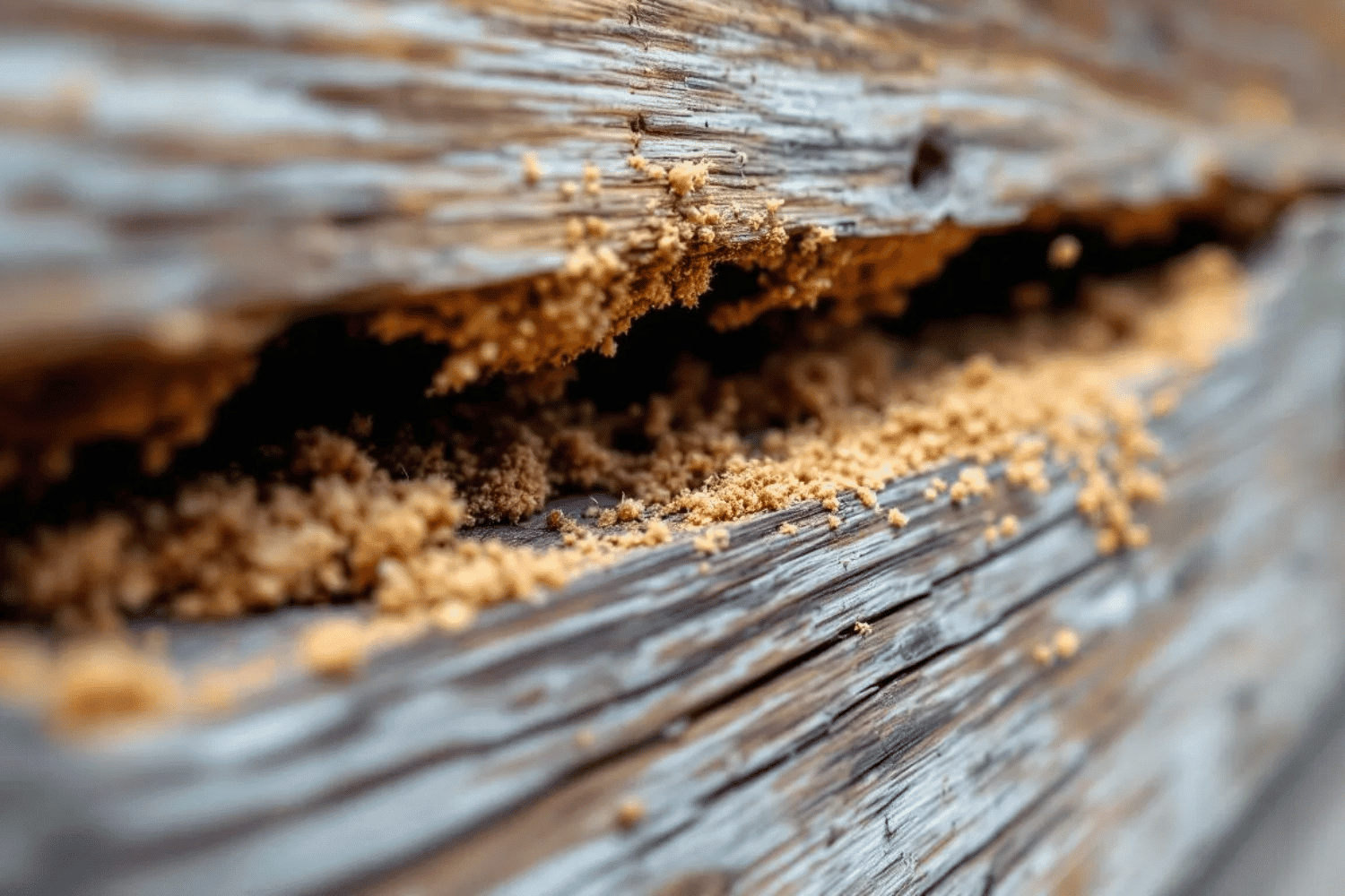 The image shows a close-up view of termite damage in wooden siding, highlighting wood debris and intricate tunneling patterns created by termites and other wood boring insects. This damage emphasizes the importance of using termite resistant materials, such as James Hardie siding, to protect your home from pest damage and structural risks.