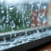 The image depicts a window with light condensation forming on the interior glass panes, indicating normal moisture levels due to warm indoor air meeting the cool surface of the window. This condensation is expected to naturally evaporate as air circulation increases and humidity levels stabilize.