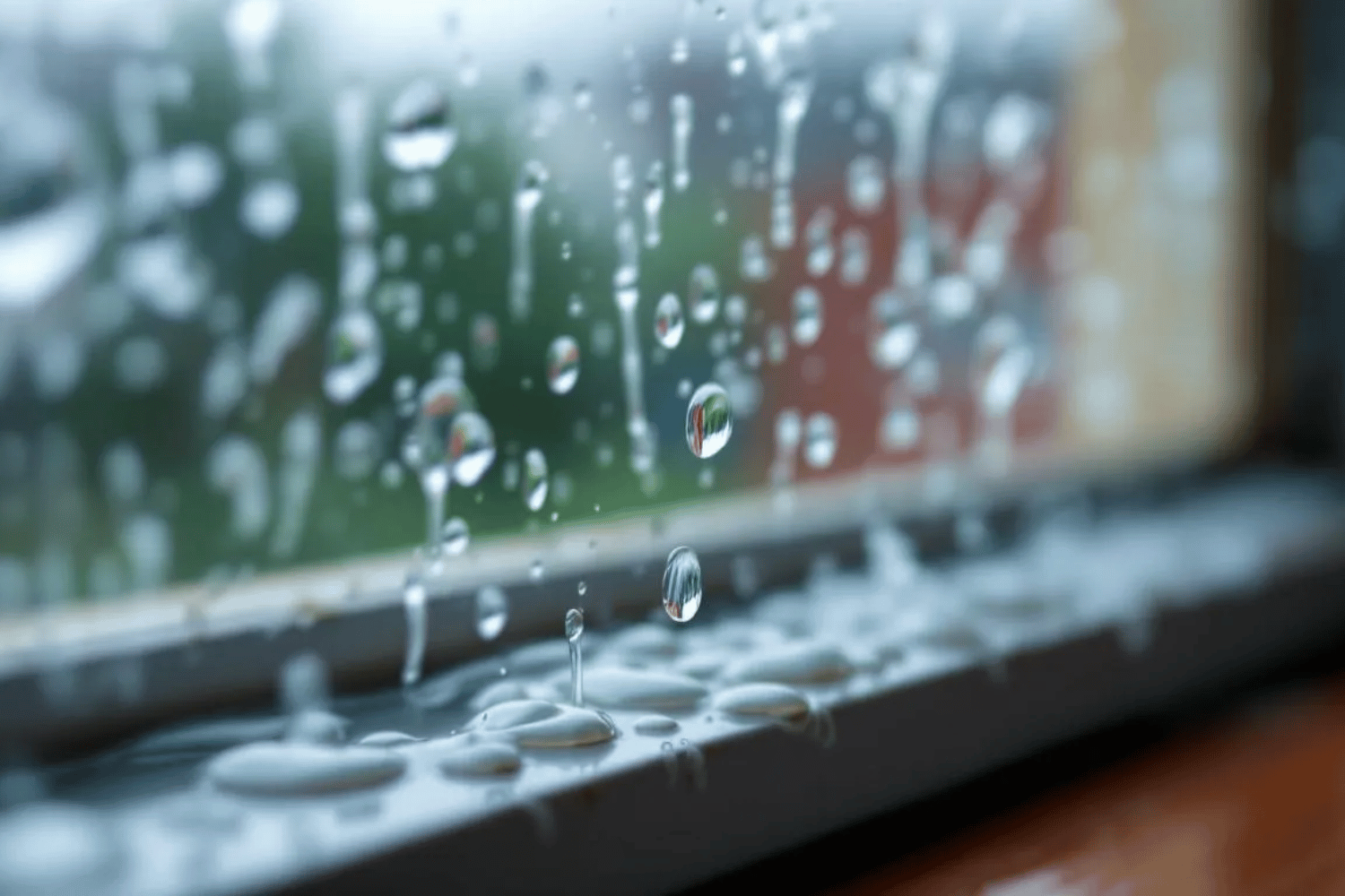 The image depicts a window with light condensation forming on the interior glass panes, indicating normal moisture levels due to warm indoor air meeting the cool surface of the window. This condensation is expected to naturally evaporate as air circulation increases and humidity levels stabilize.
