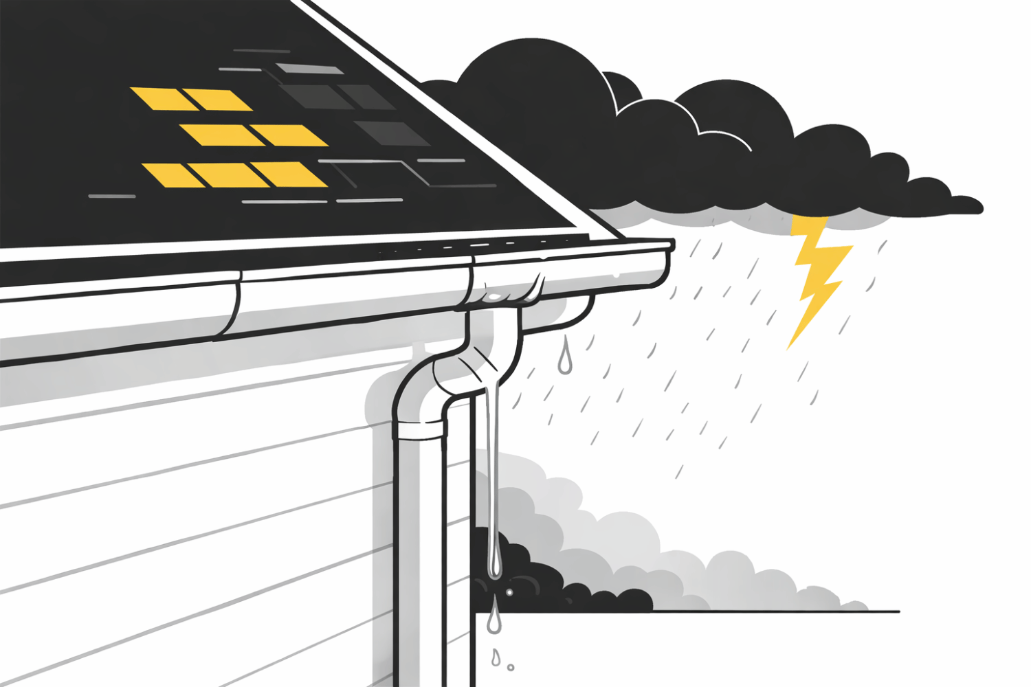 The image shows clean aluminum gutters on the exterior of a residential home, ready to effectively channel heavy rain during storm season. Proper maintenance of gutters is essential to prevent water damage and ensure the roof's integrity against severe weather conditions.