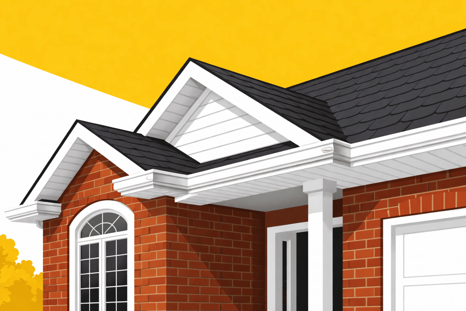 The image depicts the exterior of a well-maintained Mid-Missouri home featuring coordinated white gutters, soffits, and fascia trim that enhance the brick siding. This gutter system plays a crucial role in proper water flow, helping to prevent potential water damage and maintaining the home's curb appeal.