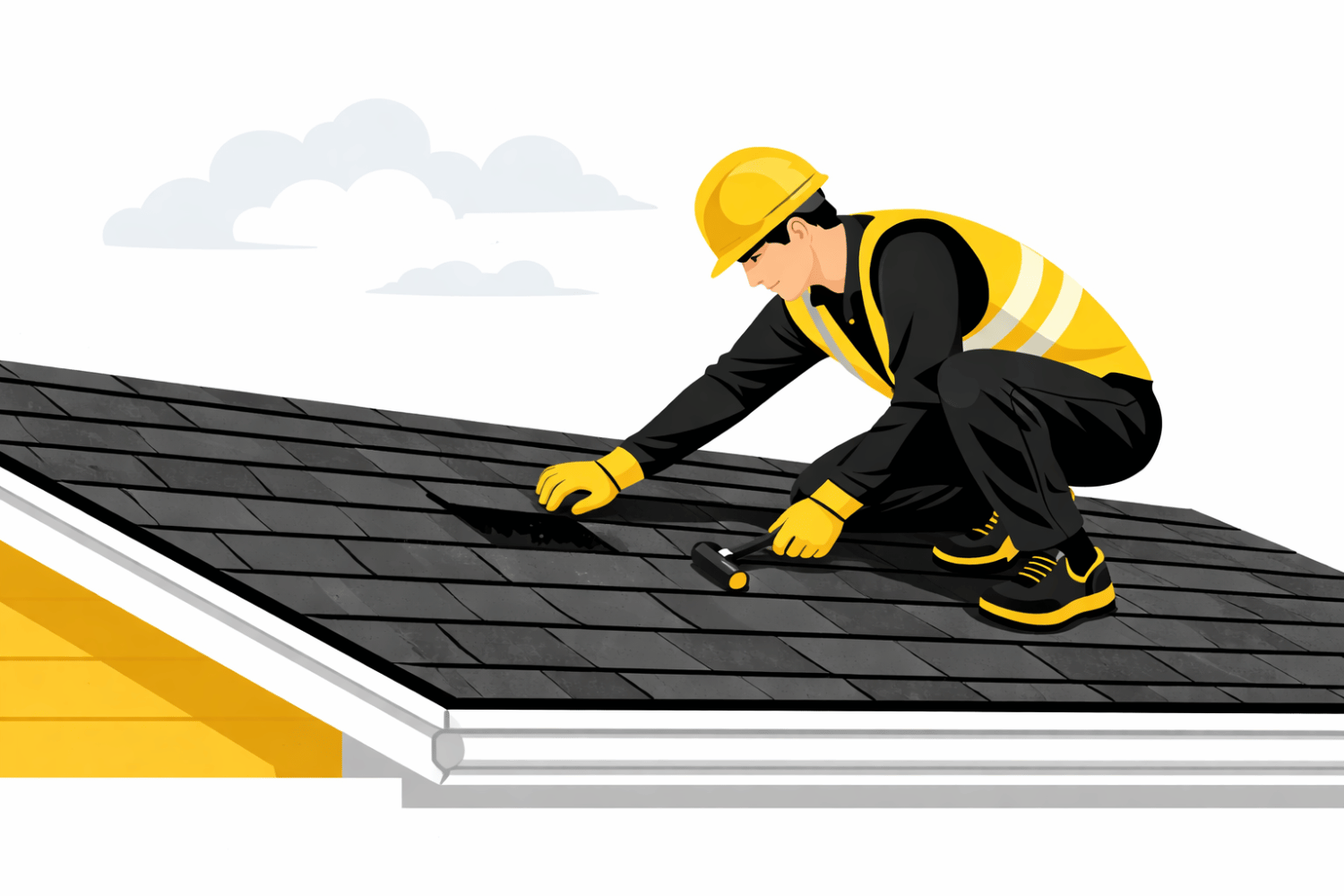 A professional roofing contractor in safety gear is inspecting shingles on a residential roof, assessing for any storm damage on a partly cloudy day. The roofer is looking for visible damage, such as missing shingles or signs of a leaky roof, to ensure the integrity of the roof deck after recent severe weather.