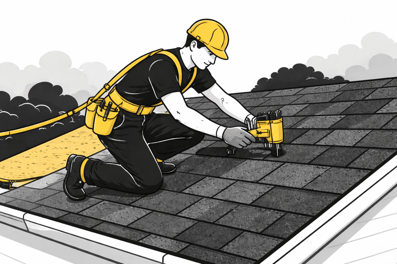 A professional roofer is carefully installing asphalt shingles on a residential home, equipped with safety gear to ensure proper installation. This work emphasizes the importance of using durable roofing materials that can withstand high winds and severe weather conditions, providing peace of mind for Missouri homeowners.