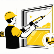 A professional window installer is carefully sealing a new energy efficient window frame from inside a residential home, ensuring proper installation to enhance the home's energy efficiency and reduce energy costs. The installer uses air sealing materials to prevent air leakage and maximize the window's performance.