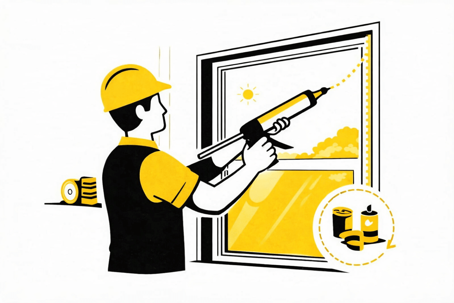 A professional window installer is carefully sealing a new energy efficient window frame from inside a residential home, ensuring proper installation to enhance the home's energy efficiency and reduce energy costs. The installer uses air sealing materials to prevent air leakage and maximize the window's performance.