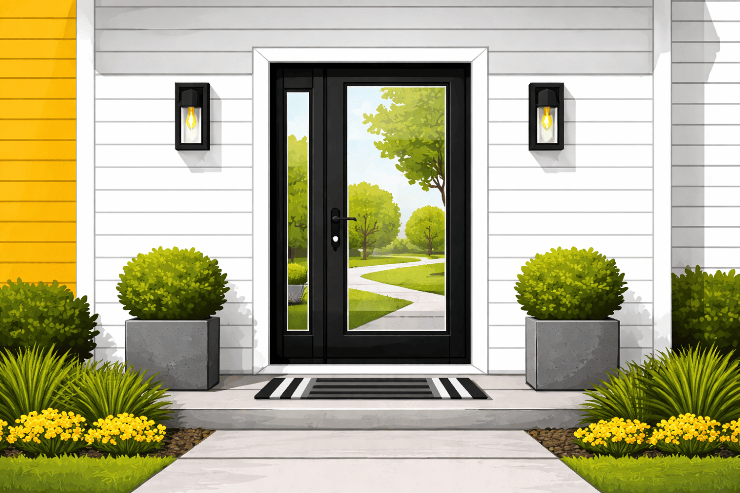 A modern fiberglass entry door featuring a full glass panel enhances the exterior of a contemporary home, allowing natural light to flood the space while combining beauty and energy efficiency. This stylish front door not only boosts the home's curb appeal but also provides easy access to the outdoors.
