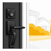 A close-up view of a high-quality deadbolt lock and handle set installed on a residential entry door, showcasing its durable design and stylish finish that enhances the home's curb appeal. This lock provides security and convenience for homeowners, making it an essential feature for exterior doors.