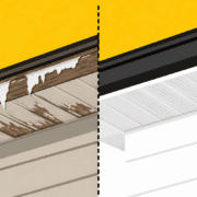 The image shows a side-by-side comparison of old, weathered wood soffit panels exhibiting peeling paint and signs of moisture damage next to newly installed white vinyl vented soffit panels that enhance the home's curb appeal. This visual highlights the importance of soffit and fascia upgrades in protecting the exterior of the home and preventing future issues related to water flow and structural integrity.