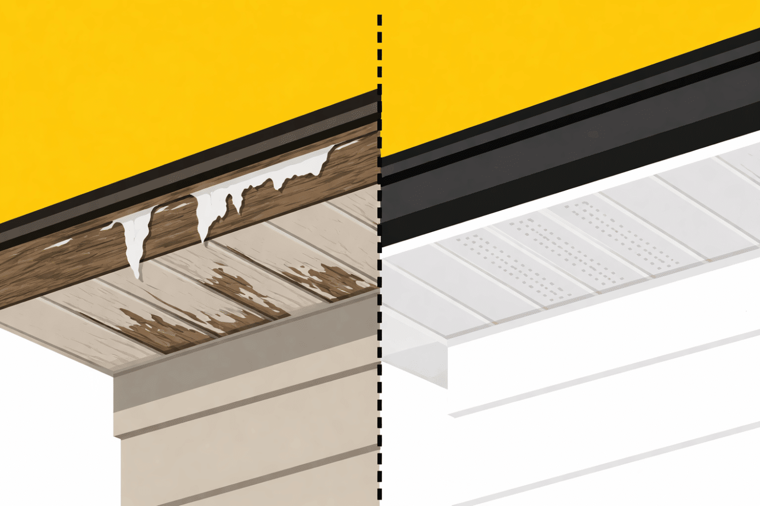 The image shows a side-by-side comparison of old, weathered wood soffit panels exhibiting peeling paint and signs of moisture damage next to newly installed white vinyl vented soffit panels that enhance the home's curb appeal. This visual highlights the importance of soffit and fascia upgrades in protecting the exterior of the home and preventing future issues related to water flow and structural integrity.