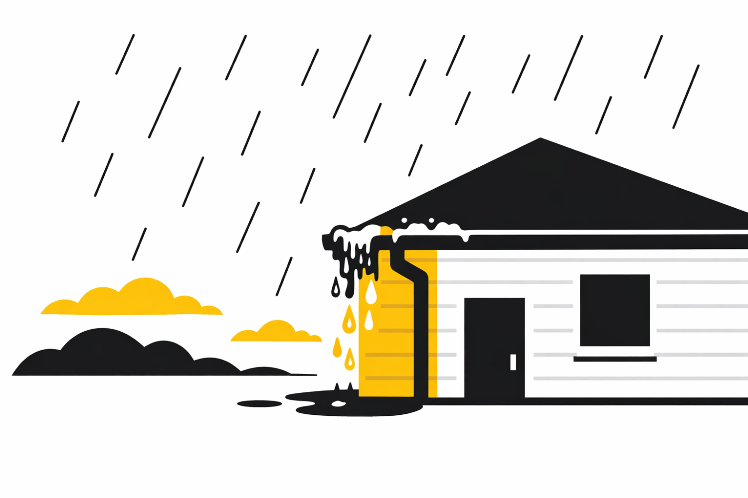 A residential home is depicted during a heavy rainstorm, with water cascading over the sides of clogged gutters, indicating improper drainage. The overflowing water suggests potential gutter issues, such as debris buildup, which can lead to serious problems like water damage and leaks in the home's exterior and interior.