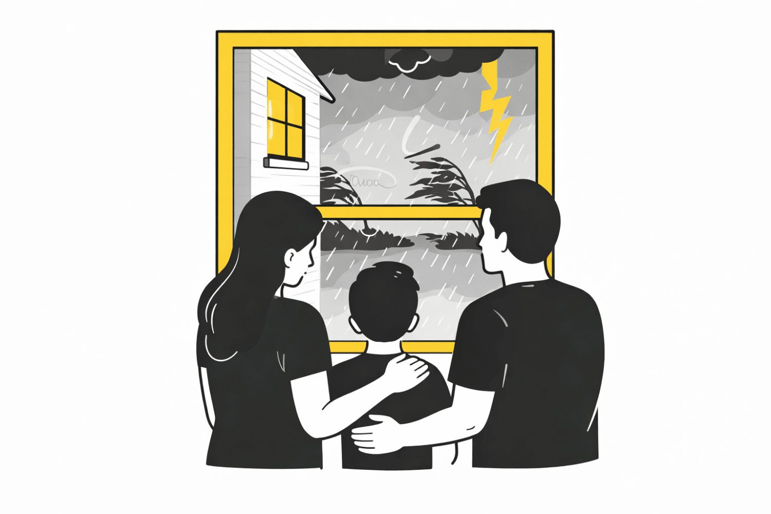 A family is safely inside their home, looking out a window as heavy rain and strong winds batter the exterior during a storm. This scene highlights the importance of storm protection and preparing your roof for storm season to prevent costly repairs from potential roof damage, such as missing shingles or leaks.