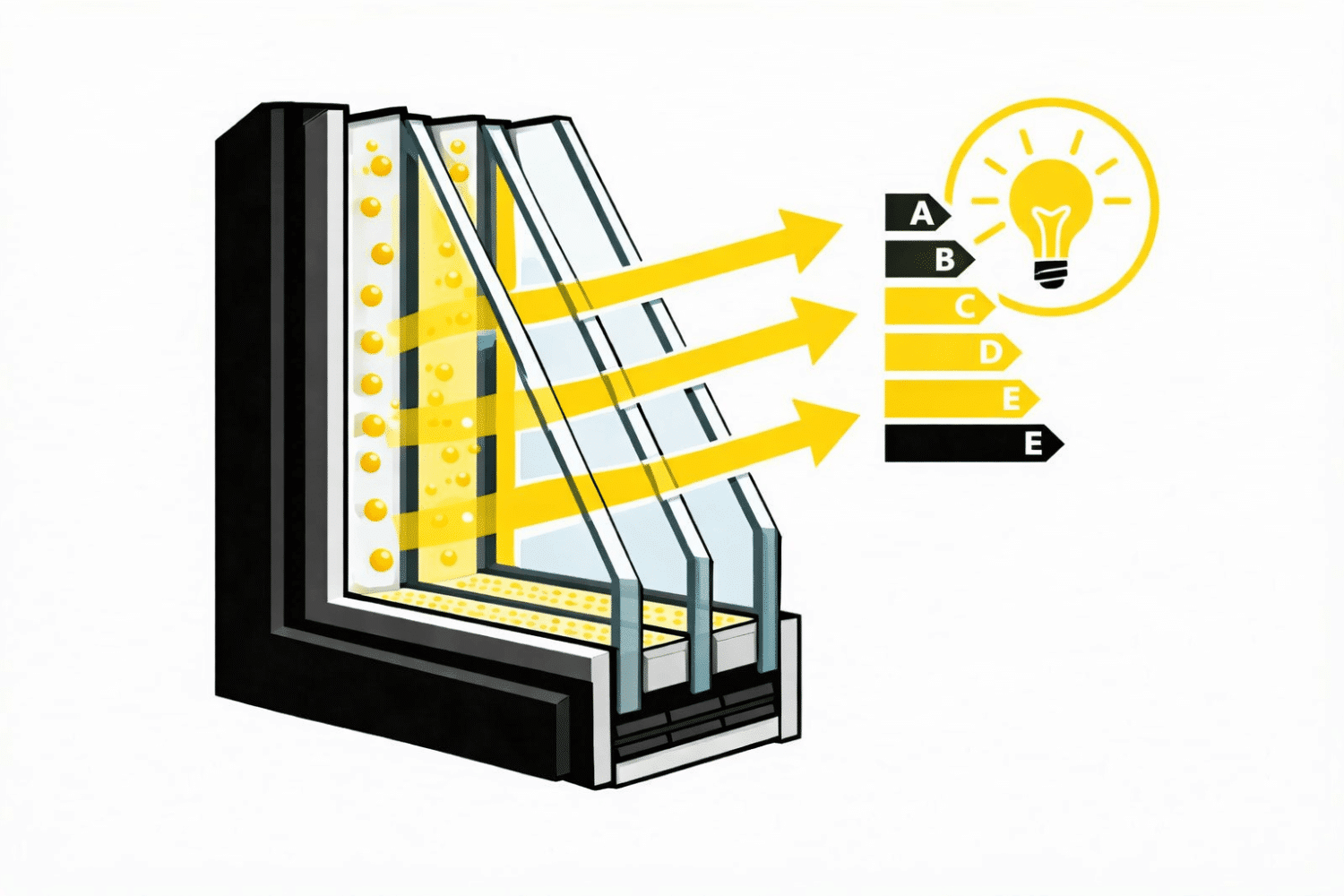 The image shows a close-up cross-section of multi-pane window glass, revealing gas-filled chambers between the layers that enhance energy efficiency. This design helps reduce energy costs by minimizing heat transfer, making it a key feature of energy efficient windows.