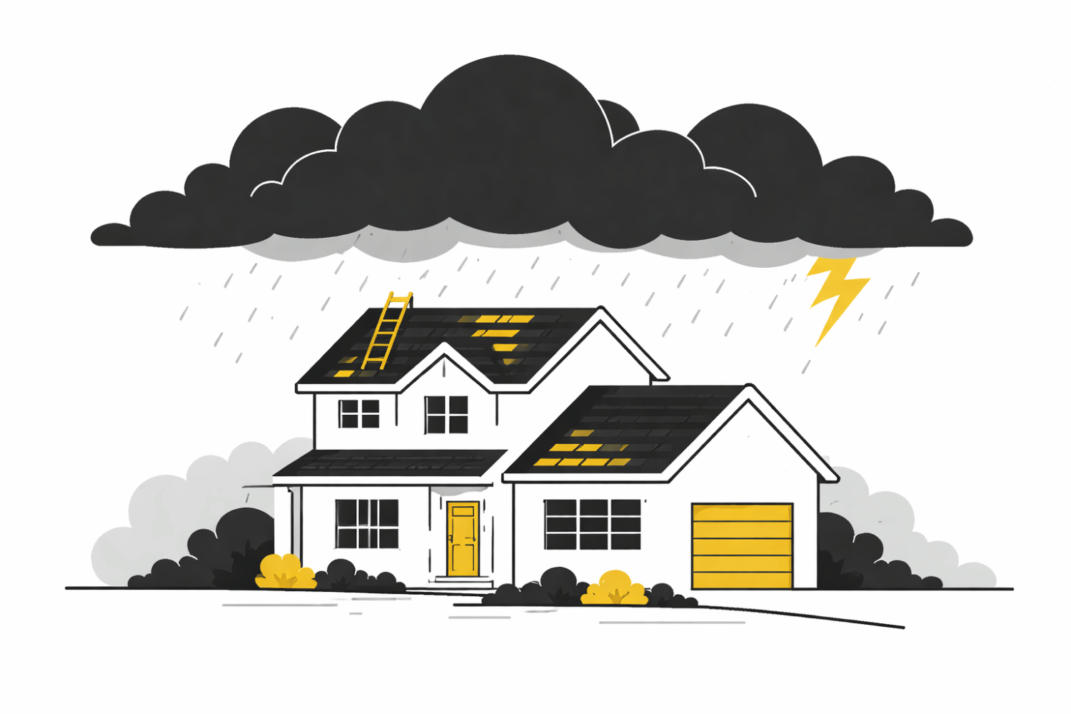 A residential home stands under dark storm clouds looming on the horizon, signaling the start of storm season. The image highlights the importance of preparing your roof for severe weather, including checking for loose or missing shingles and ensuring gutters are clear to prevent costly repairs from roof leaks and water damage.