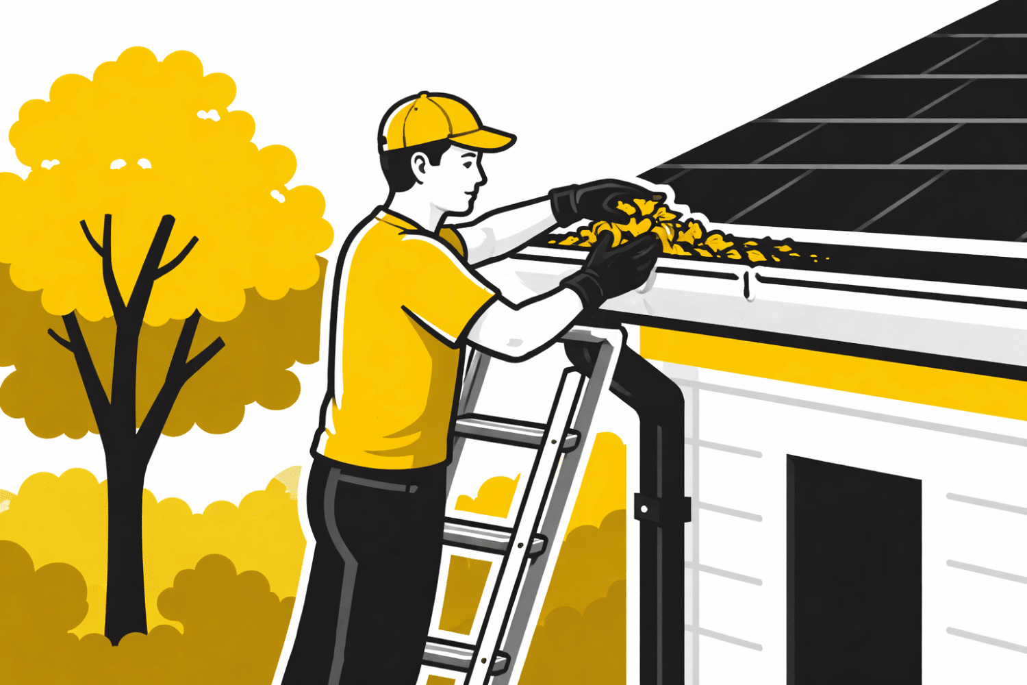 A homeowner is cleaning leaves from clogged gutters while standing on a ladder next to a residential house surrounded by trees. This regular maintenance helps prevent water damage and structural issues caused by debris buildup and improper drainage in the gutter system.