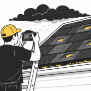 A person is standing on a ladder, using a camera to capture images of damaged roof shingles, highlighting the visible signs of roof damage that may be relevant for a roof insurance claim. This scene emphasizes the importance of documenting damage for homeowners insurance policies and the insurance claim process.