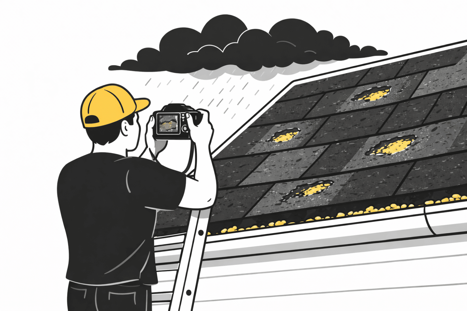 A person is standing on a ladder, using a camera to capture images of damaged roof shingles, highlighting the visible signs of roof damage that may be relevant for a roof insurance claim. This scene emphasizes the importance of documenting damage for homeowners insurance policies and the insurance claim process.