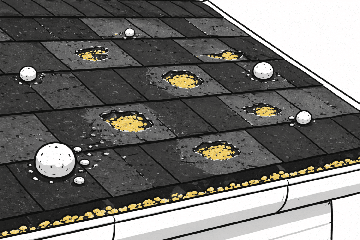 The image shows a close-up view of asphalt shingles that have sustained hail damage, with visible dents and missing granules. This type of roof damage may require homeowners to file a roof insurance claim to cover the costs of repairs or replacement, as it represents sudden and accidental damage that could lead to further issues if not addressed promptly.