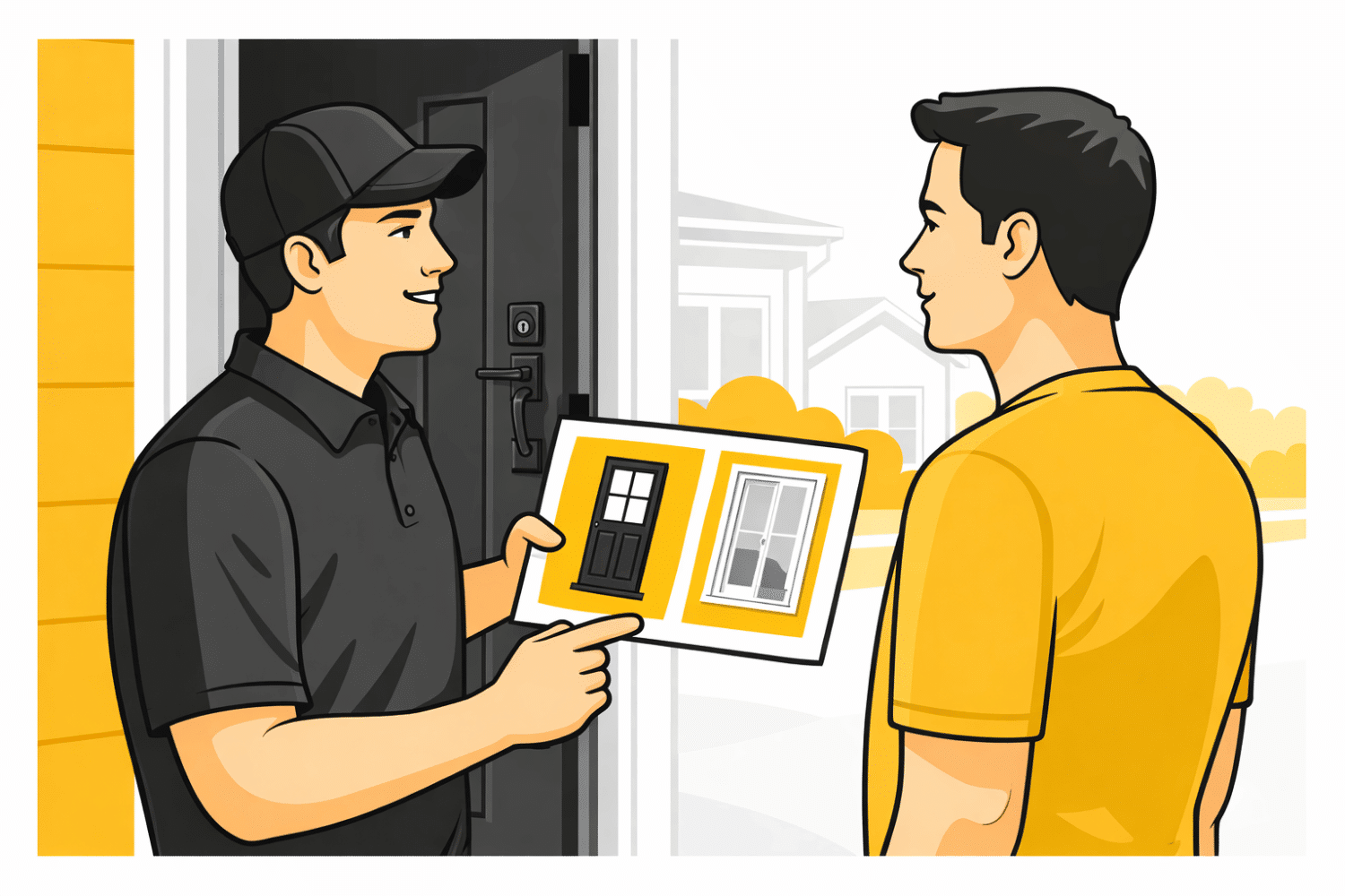 A professional contractor is discussing various door options, including entry doors and patio doors, with a homeowner at their front entry. They are exploring energy-efficient choices that enhance the home's curb appeal while considering custom designs and features for optimal performance and comfort.