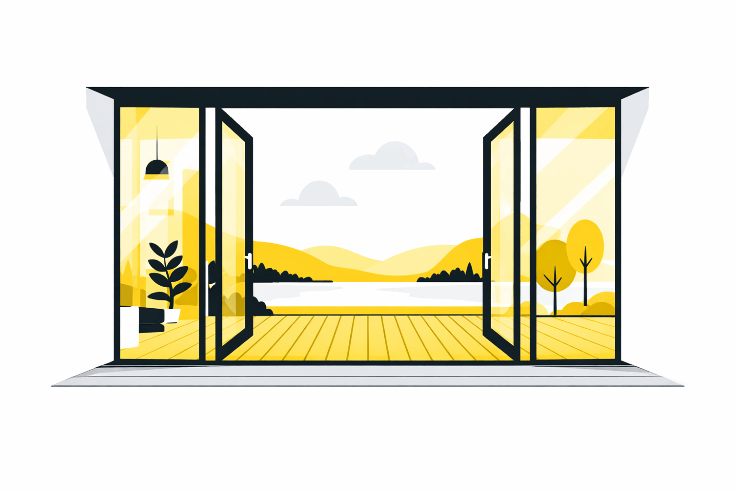 The image features floor-to-ceiling glass patio doors that open onto an outdoor deck, offering a scenic view. These energy-efficient windows are designed to maximize natural light and reduce energy bills, contributing to year-round comfort in the home.