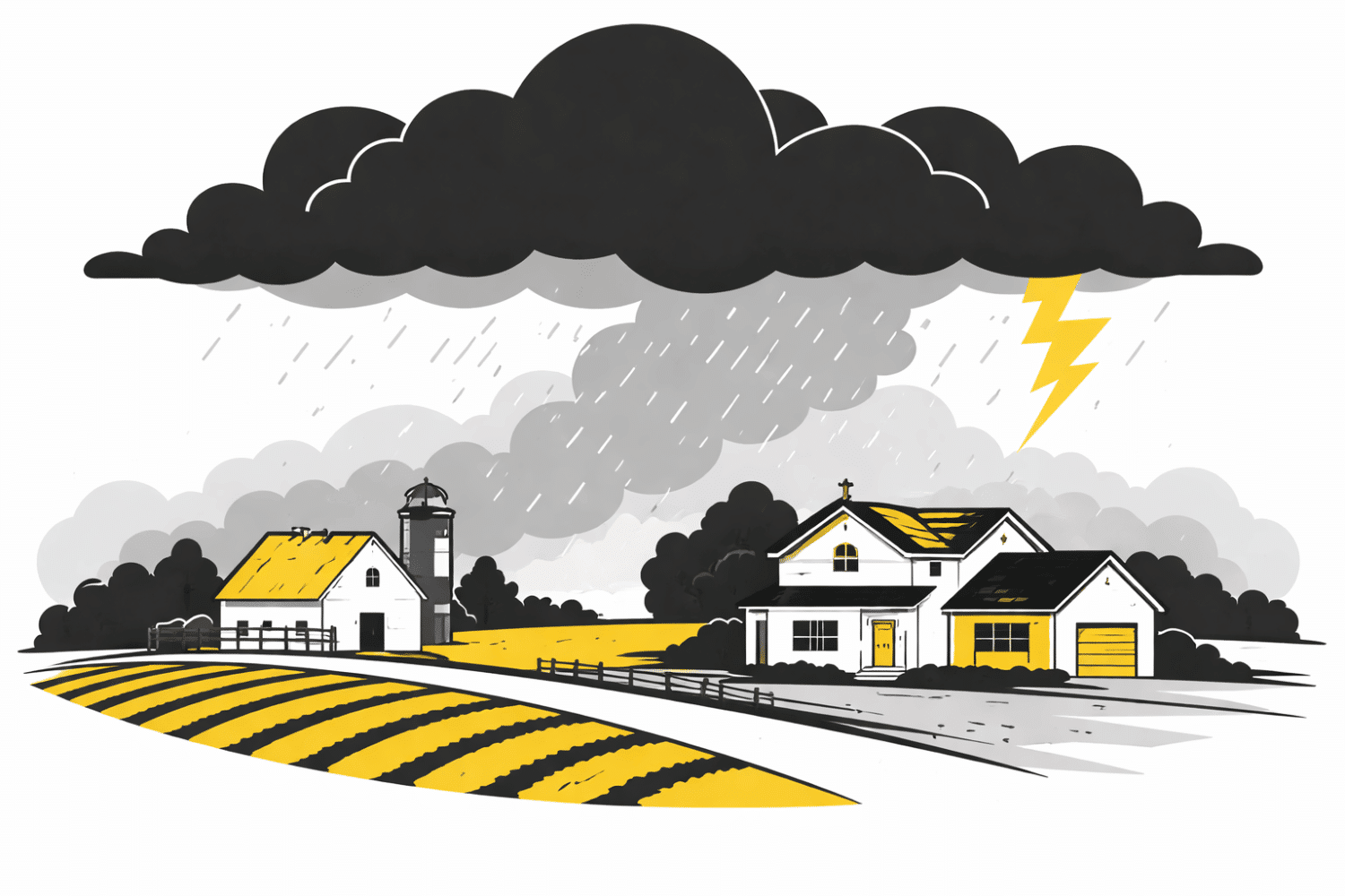 Dark storm clouds loom over a rural Missouri landscape, casting a shadow over the farmland below, which may soon be at risk for roof damage due to severe weather. Homeowners should be aware of their homeowners insurance policies and the claims process for roof damage claims, especially when facing sudden and accidental damage from storms.