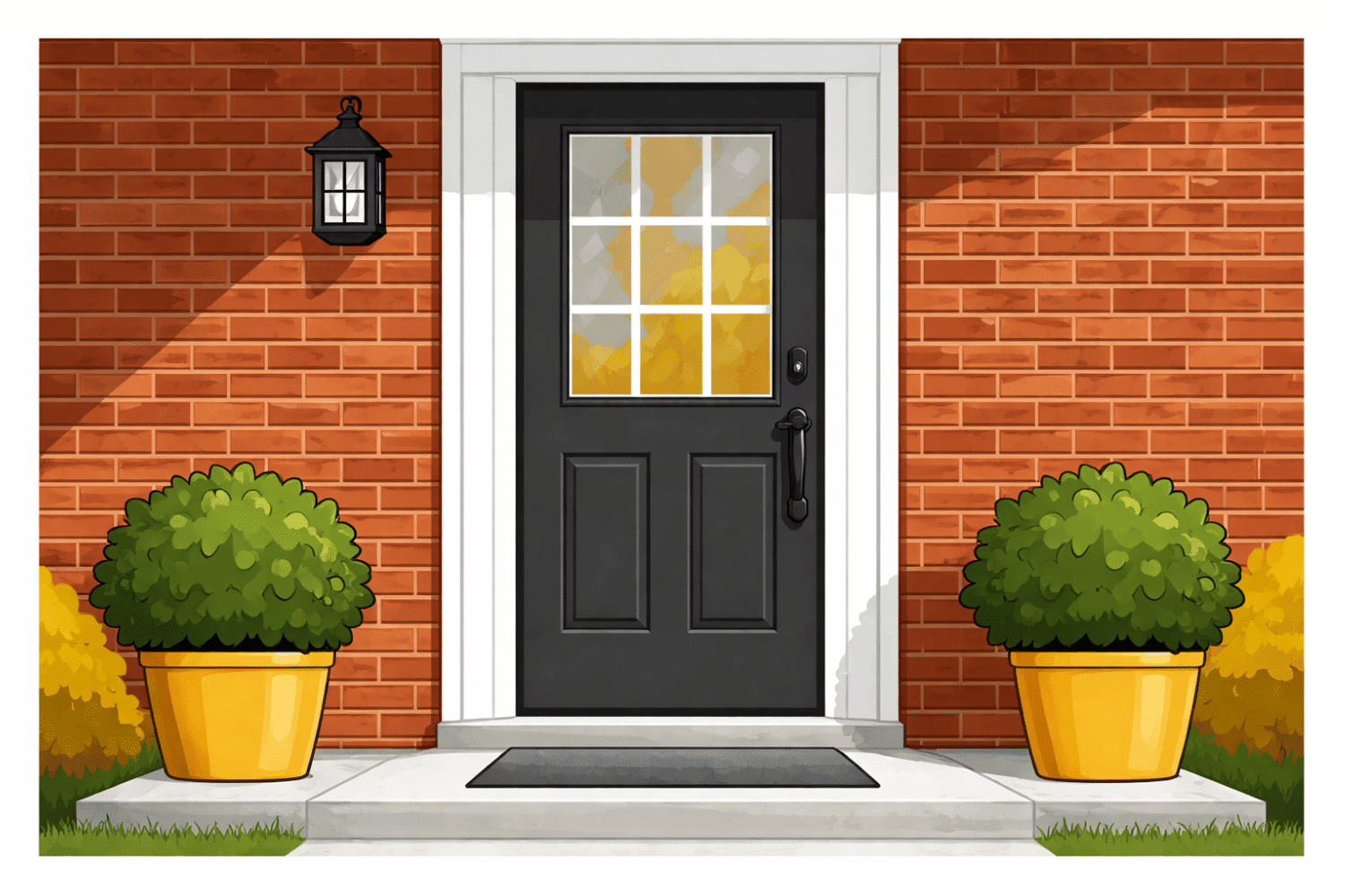 The image features a traditional half glass front door with a decorative grid pattern, enhancing the home's curb appeal against a brick exterior. This entry door allows natural light to fill the space while providing a stylish access point for homeowners.