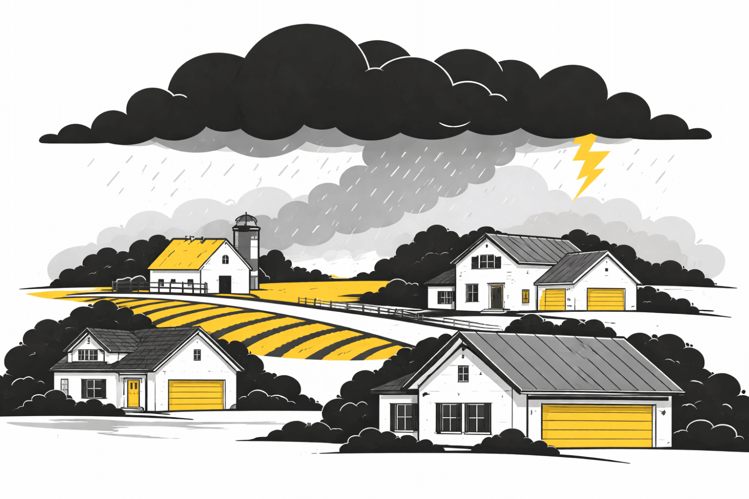 Dark storm clouds loom over a rural Missouri landscape, where several farmhouses are visible, highlighting the importance of selecting the right roofing materials for storm protection. Homeowners in this area should consider impact resistant roofing options, such as metal roofing or asphalt shingles, to withstand high winds and heavy rain during severe weather.