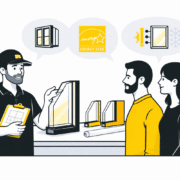 A professional contractor is consulting with homeowners about various window replacement options, focusing on energy efficient windows that can help reduce energy bills and improve energy performance. The discussion includes topics like energy star certified windows, proper installation, and the benefits of replacing single pane windows with double or triple glazing for enhanced comfort and lower heating costs.