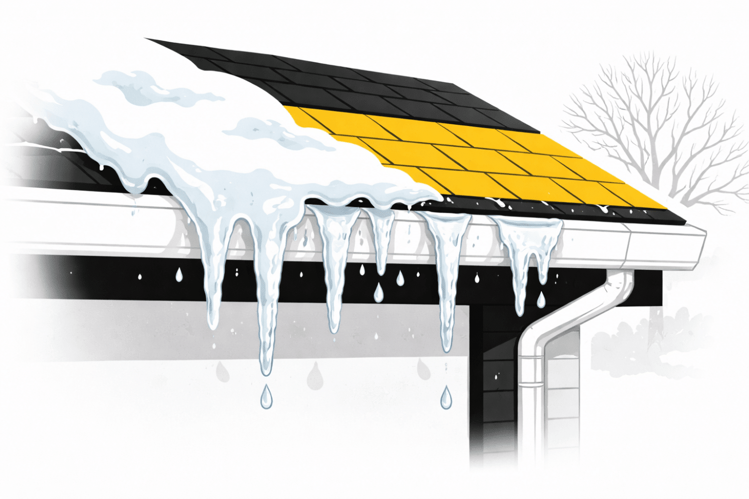 A close-up view of a residential roof's edge features icicles hanging from the gutters, with ice forming due to cold weather and melting snow. This scene illustrates the effects of winter weather on roofing materials, emphasizing the importance of proper installation to prevent ice dam formation and potential roof damage.