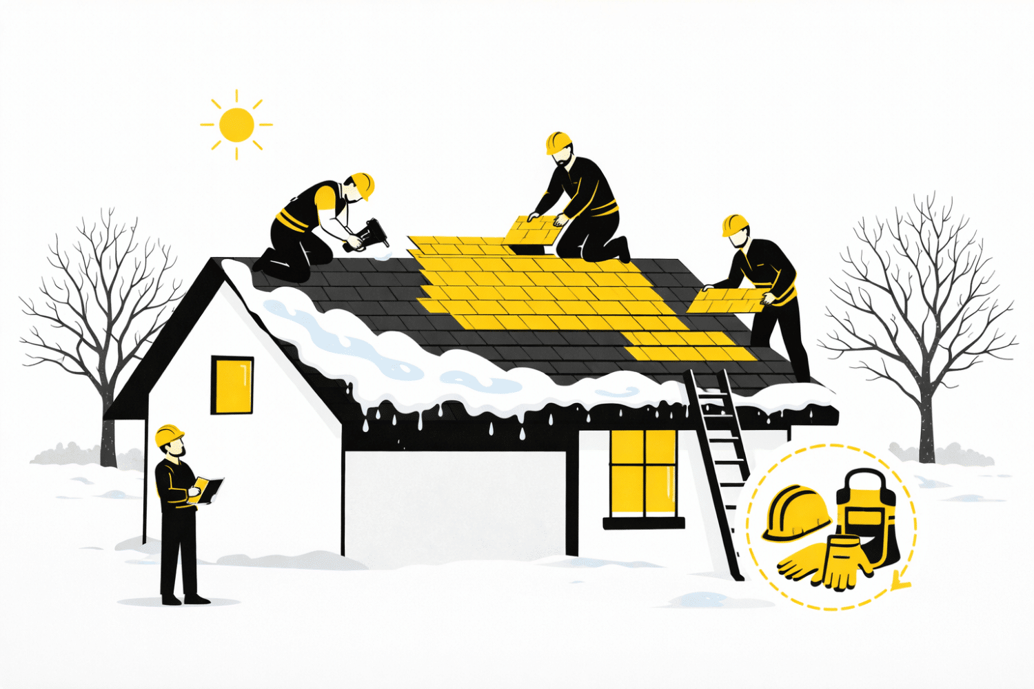 A team of professional roofing contractors is busy replacing an asphalt shingle roof on a residential home during a clear winter day, with bare trees in the background and signs of melting snow. The cold weather and freezing temperatures highlight the importance of proper installation and safety precautions for winter roofing projects.