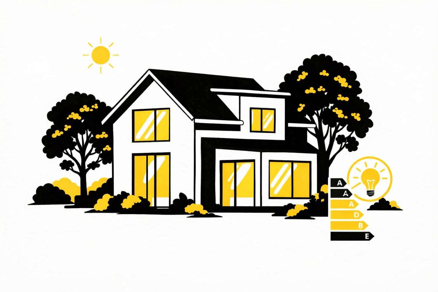 A modern two-story home is depicted, featuring large energy-efficient windows that allow ample natural light and are designed to enhance energy efficiency. It is surrounded by mature trees in a peaceful residential neighborhood, highlighting the importance of energy-efficient home improvements for reducing energy costs.