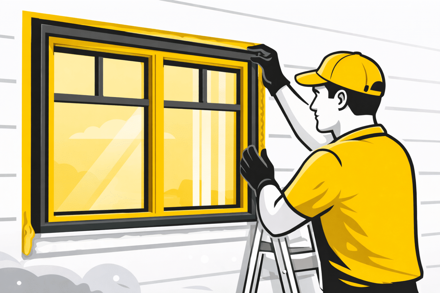 A professional is closely installing a window frame on the exterior of a residential home, focusing on ensuring a proper fit for energy-efficient triple pane windows. This installation aims to improve the home's insulation and enhance energy savings while allowing natural light to enter.