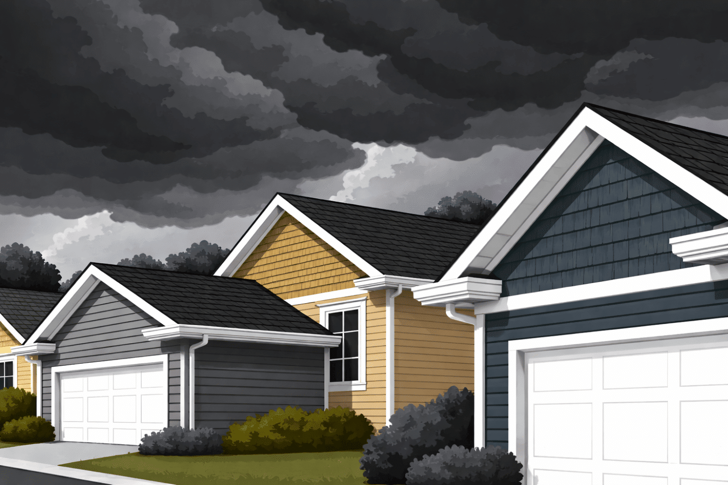 Dark storm clouds loom over a residential neighborhood, where homes showcase various siding materials, including vinyl, wood, and fiber cement siding. The image highlights the importance of choosing the right siding for durability and weather resistance, particularly in extreme weather conditions.