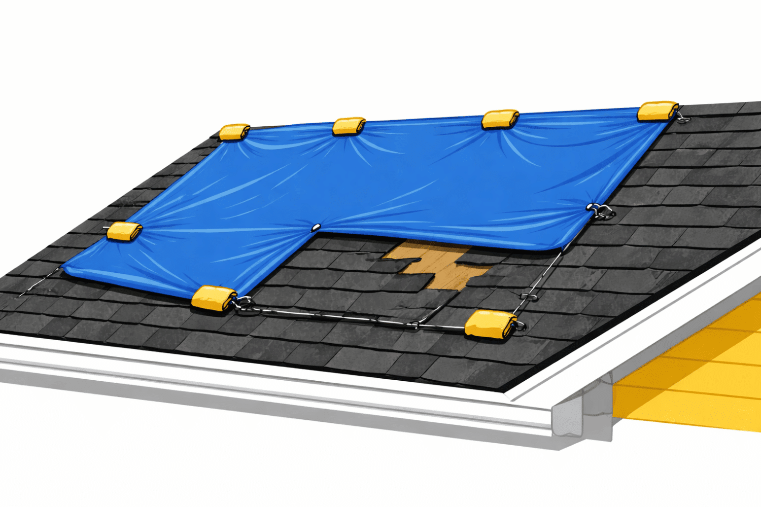 A blue protective tarp is securely placed over a section of a residential roof with visible damage, including missing shingles, following a major storm. This temporary repair aims to prevent further water damage from a leaky roof until a professional roofing contractor can assess and fix the roofing project.