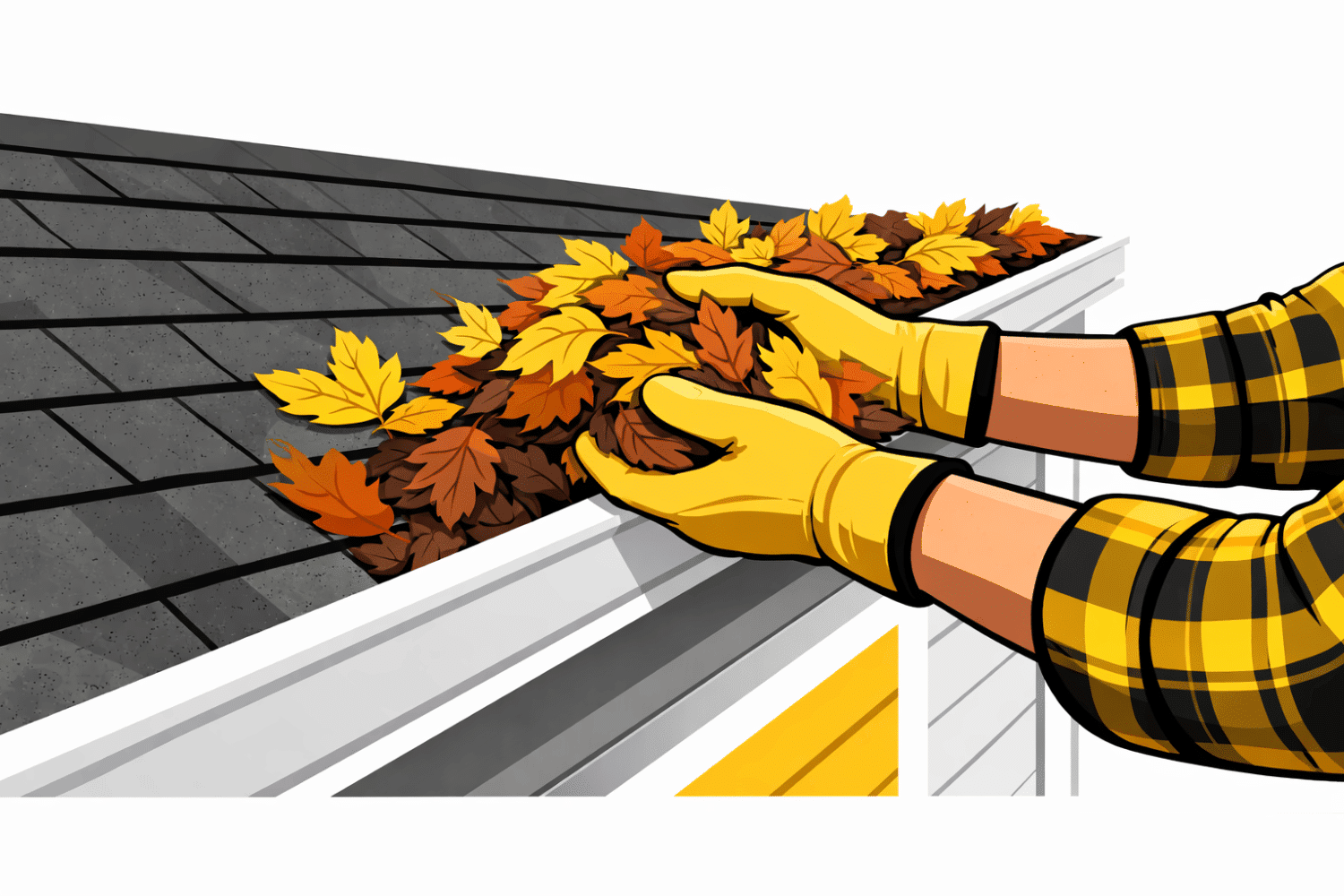 A person wearing work gloves is clearing a pile of autumn leaves from a residential gutter, ensuring proper drainage to prevent roof leaks and further damage after recent storms. The scene highlights the importance of regular maintenance to protect the home from potential water damage and maintain the integrity of the roof.