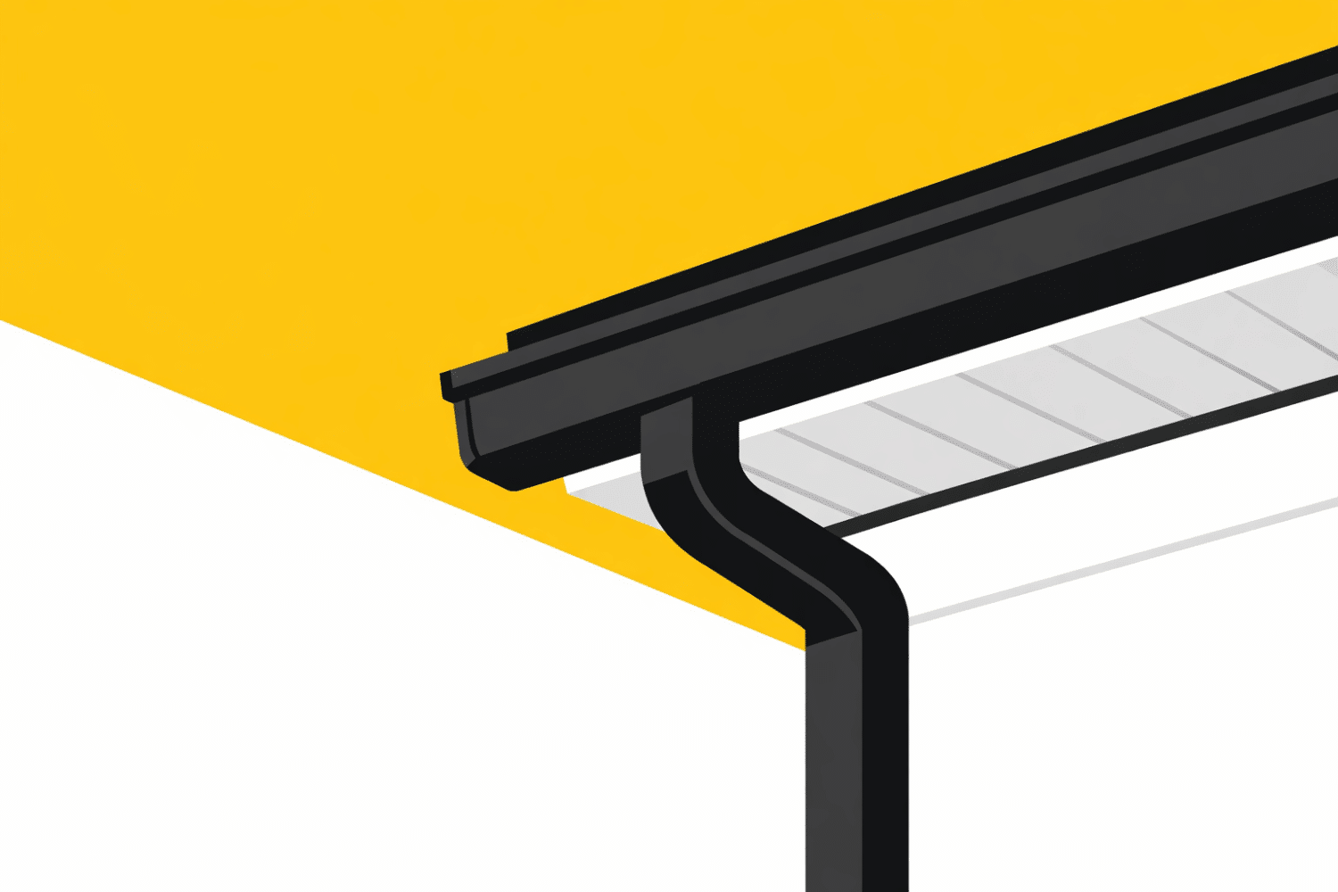 A close-up view showcases seamless aluminum gutters securely attached to the roof edge of a home, with white soffit panels visible beneath the overhang. This gutter system plays a crucial role in proper water flow, helping to prevent potential water damage and maintain the structural integrity of the home.