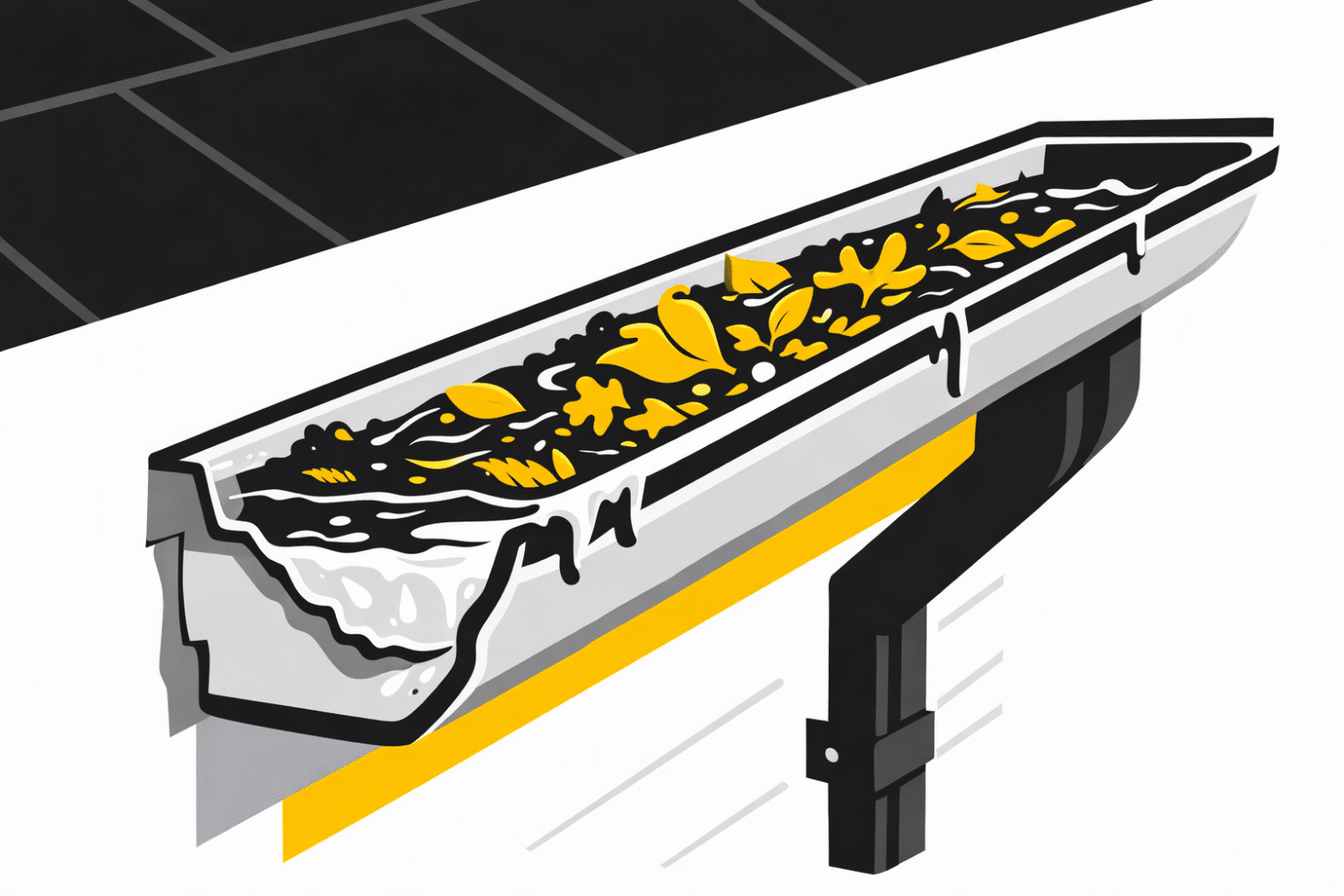 A close-up view of a dented aluminum gutter reveals debris buildup inside, indicating potential clogging issues that could lead to water pooling and improper drainage on the residential roof edge. This condition may result in serious problems such as leaks and future repairs if not addressed promptly.