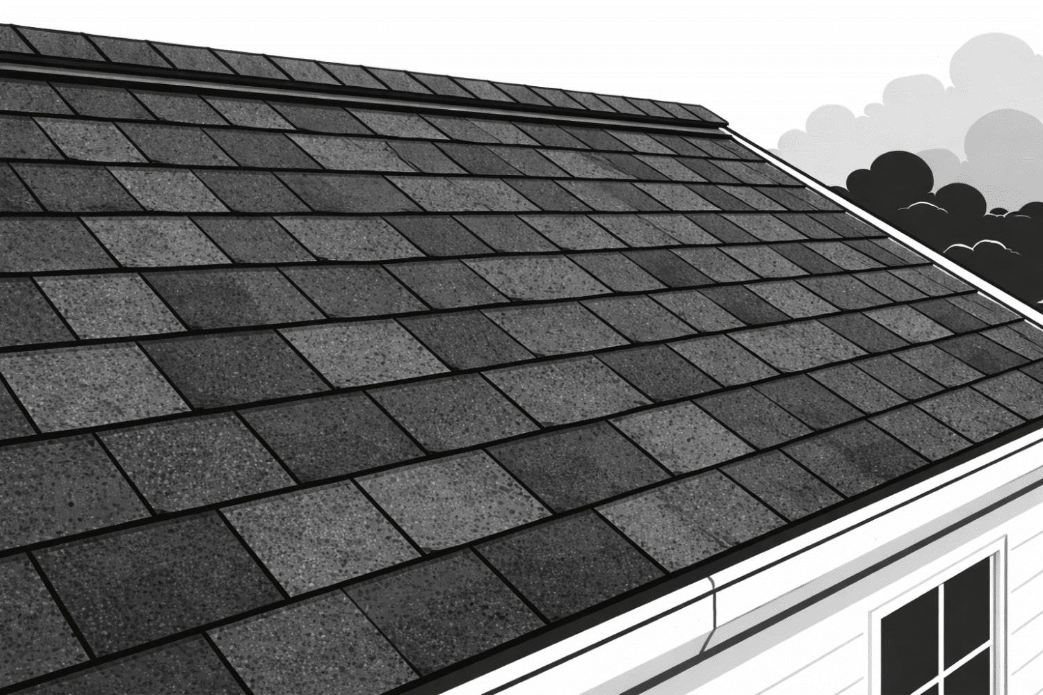 A close-up view of dark gray architectural shingles installed on a residential roof showcases the premium roofing materials designed for high wind resistance and storm durability. These impact resistant shingles are ideal for Missouri homeowners, providing protection against severe weather and enhancing curb appeal.