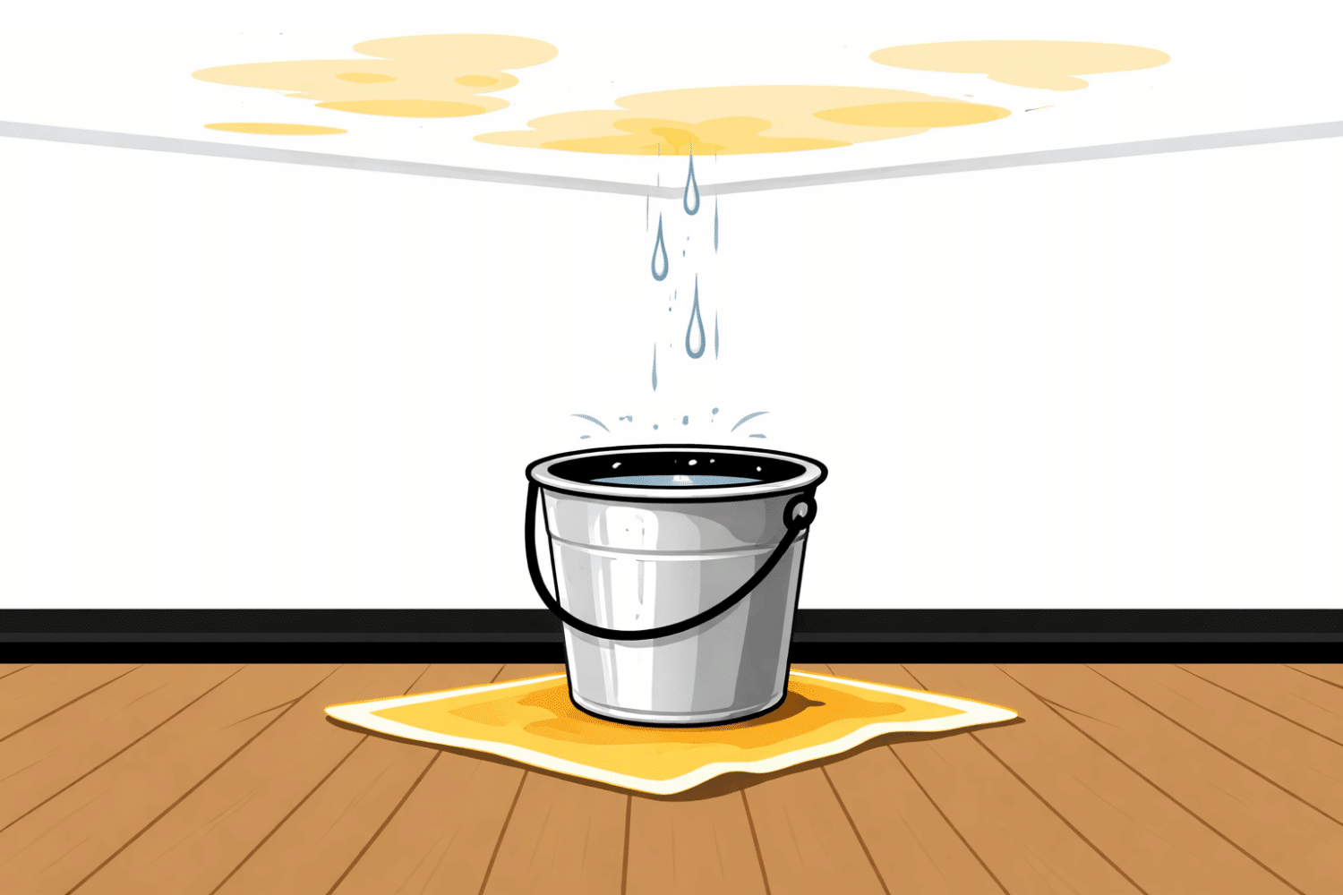A bucket sits on a wooden floor, catching water dripping from a white ceiling that shows visible water stains, indicating a potential roof leak after a major storm. This image highlights the urgent need for inspections and possible temporary repairs by a professional roofing contractor to prevent further damage.